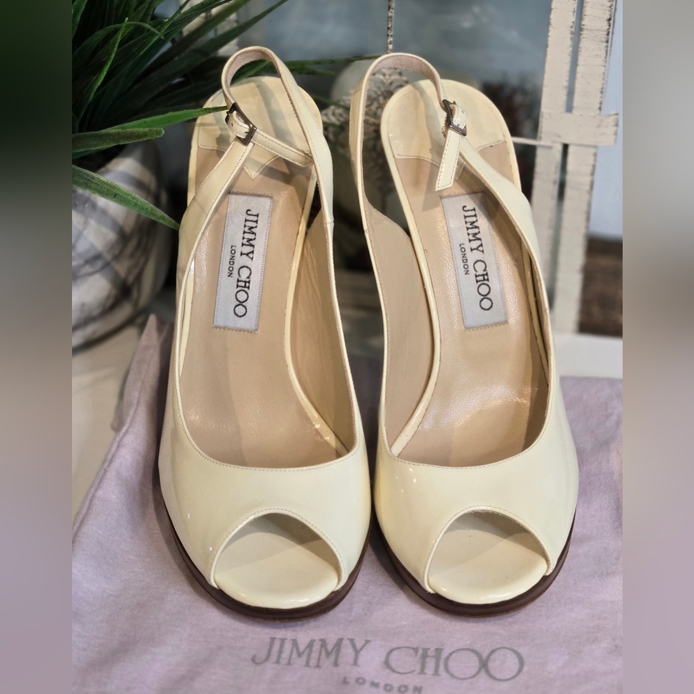 Jimmy Choo Cream Patent Leather Peep-Toe Women's Shoes